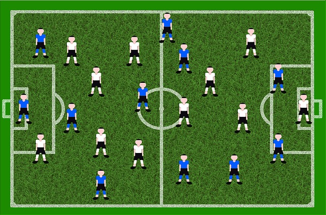 青と白のサッカー選手が各ポジションについているイラスト