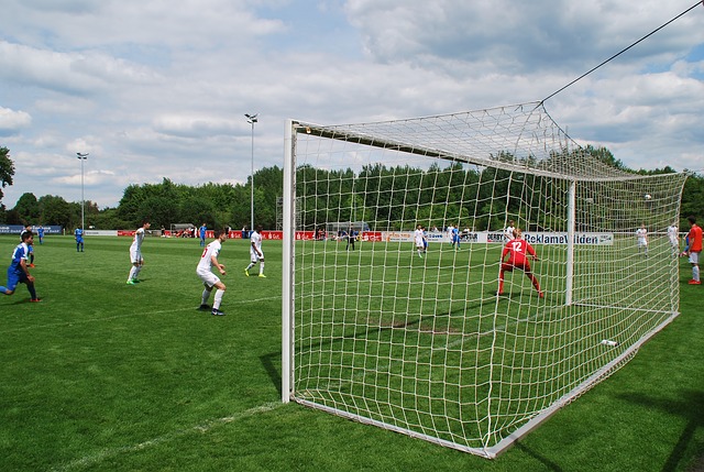 サッカーの試合をゴール裏からゴールキーパーとディフェンダー２人を中心に撮影した風景